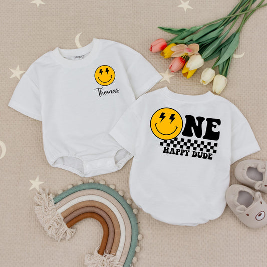 Custom Name One Happy Dude Birthday Romper, Smiley Face Lightning Bolt Eyes 1st Birthday Outfit Baby Boy, Yellow & Black Design