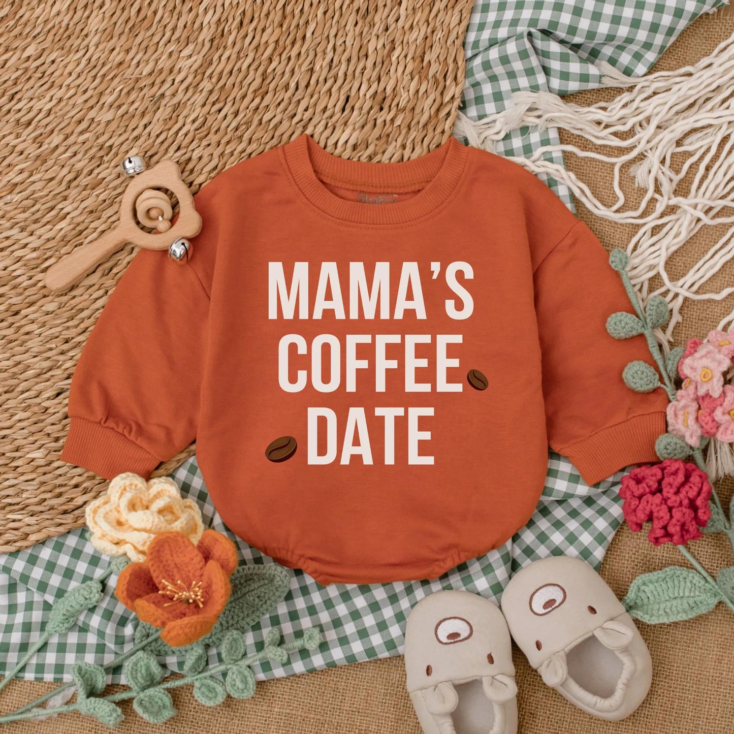 Mama's Coffee Date Baby Bubble Romper Long Sleeve Little Bean Bodysuit Neutral Cozy Minimalist Coming Home Outfit Trendy Baby Shower Gift