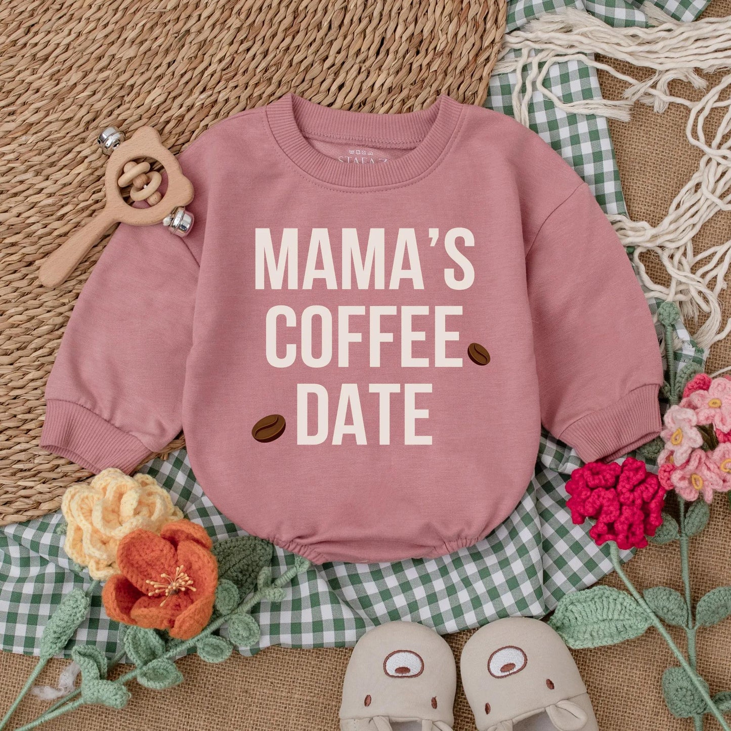 Mama's Coffee Date Baby Bubble Romper Long Sleeve Little Bean Bodysuit Neutral Cozy Minimalist Coming Home Outfit Trendy Baby Shower Gift