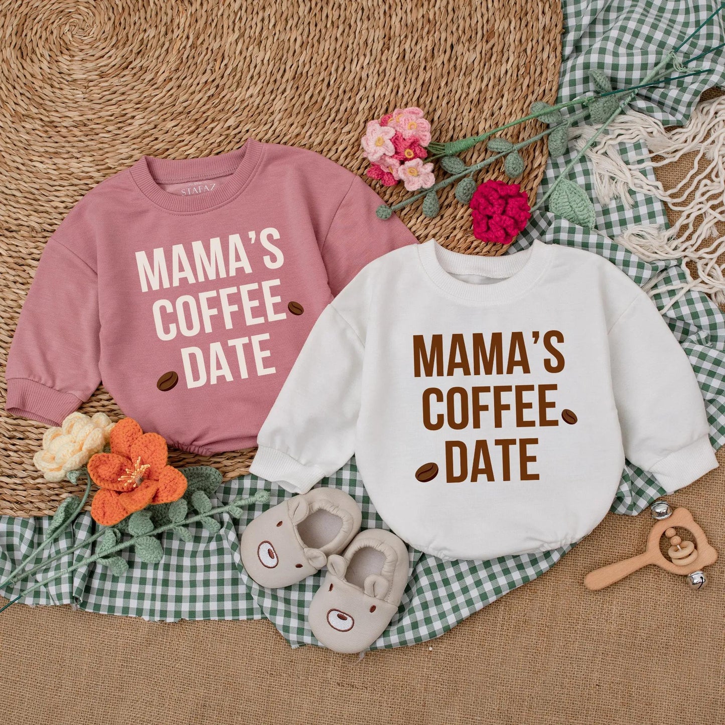Mama's Coffee Date Baby Bubble Romper Long Sleeve Little Bean Bodysuit Neutral Cozy Minimalist Coming Home Outfit Trendy Baby Shower Gift