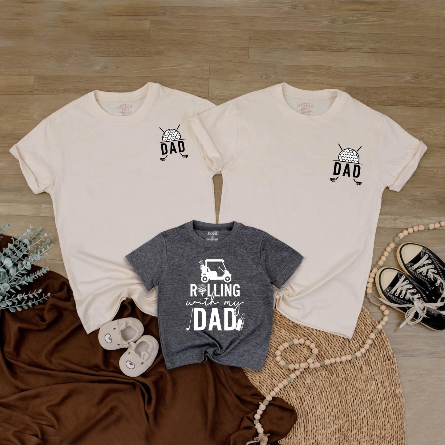 Rolling With My Dad Matching Golf Cart Shirt & Baby Bubble Romper Set Funny Father's Day Gift for Dads & Babies Monochromatic Design