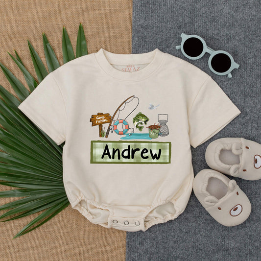 Custom Name Fishing Buddy Bubble Romper for Baby Boy Personalized Daddy and Me Outfit Father's Day Gift