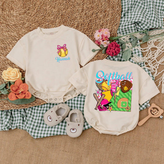 Personalized Softball Pink Bubble Romper for Baby Girls Game Day Outfit Sporty Summer Clothes with Custom Name