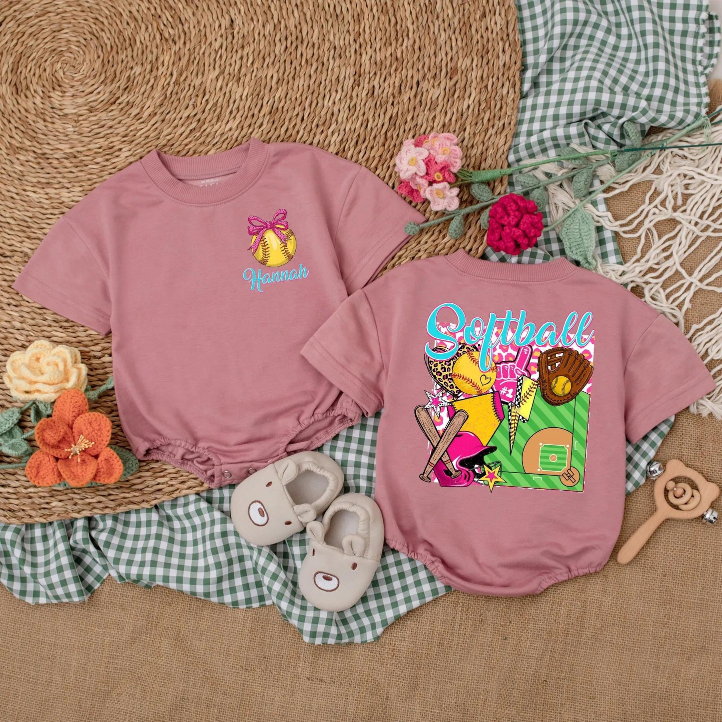 Personalized Softball Pink Bubble Romper for Baby Girls Game Day Outfit Sporty Summer Clothes with Custom Name