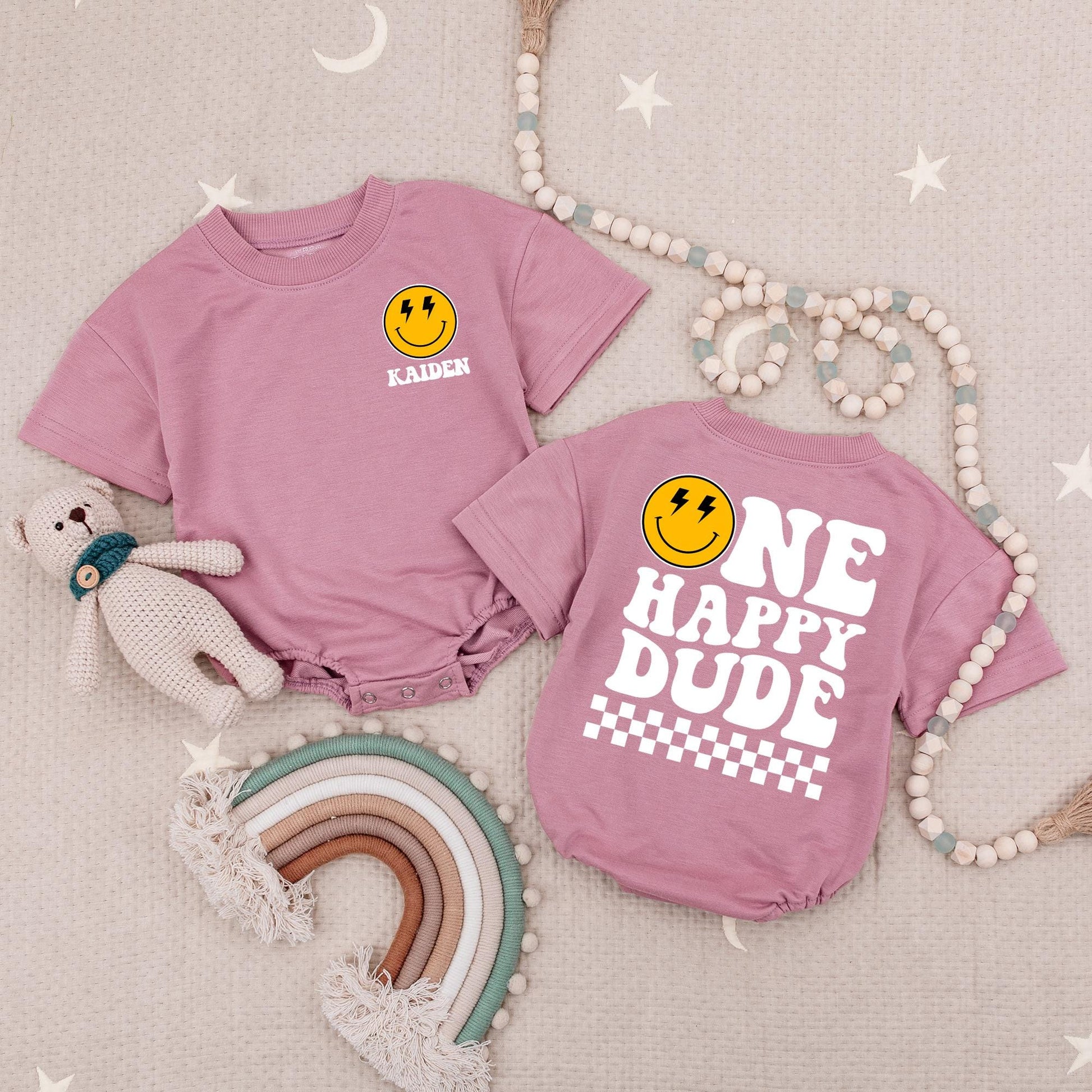 Custom One Happy Dude Baby Romper Smiley Face Birthday Outfit Boy First Birthday Bodysuit Retro Checker Party Gift