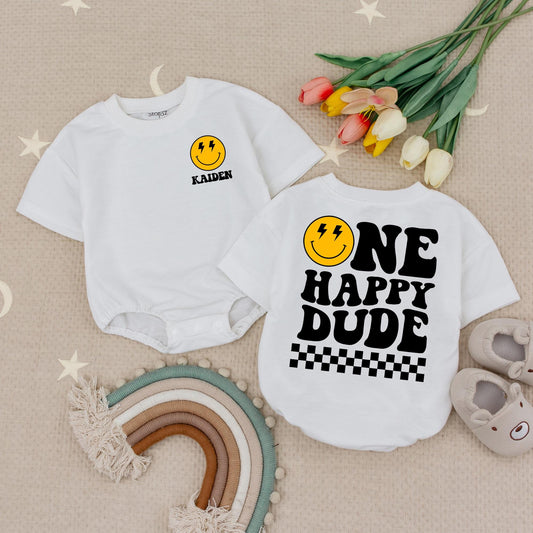 Custom One Happy Dude Baby Romper Smiley Face Birthday Outfit Boy First Birthday Bodysuit Retro Checker Party Gift