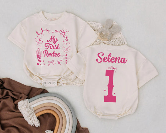 Personalized My First Rodeo Baby Girl Western Birthday Outfit Romper Cowgirl Bodysuit First Birthday Party Country Baby Shower Gift