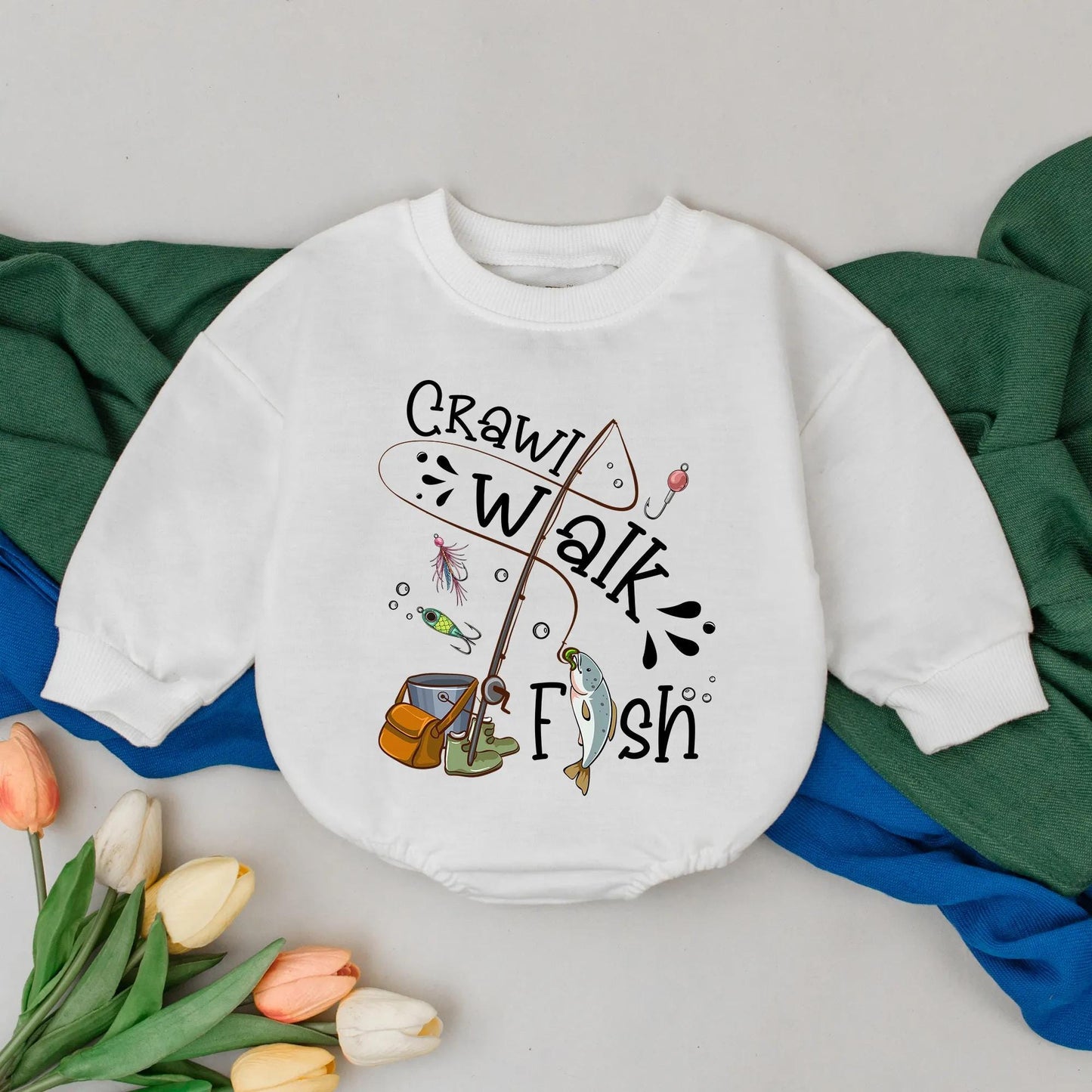 Little Fishing Buddy Romper Set Crawl Walk Fish Outfit Baby Bodysuit Toddler Fishing Gift Father's Day Clothes Beige Infant Fisherman Applique 138
