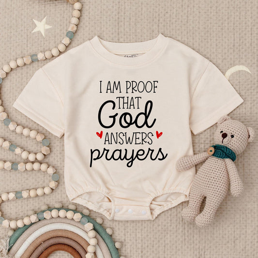I Am Proof That God Answers Prayers Baby Romper Black Lettering Red Hearts Newborn Announcement Bodysuit Little Answered Prayer Pregnancy Reveal
