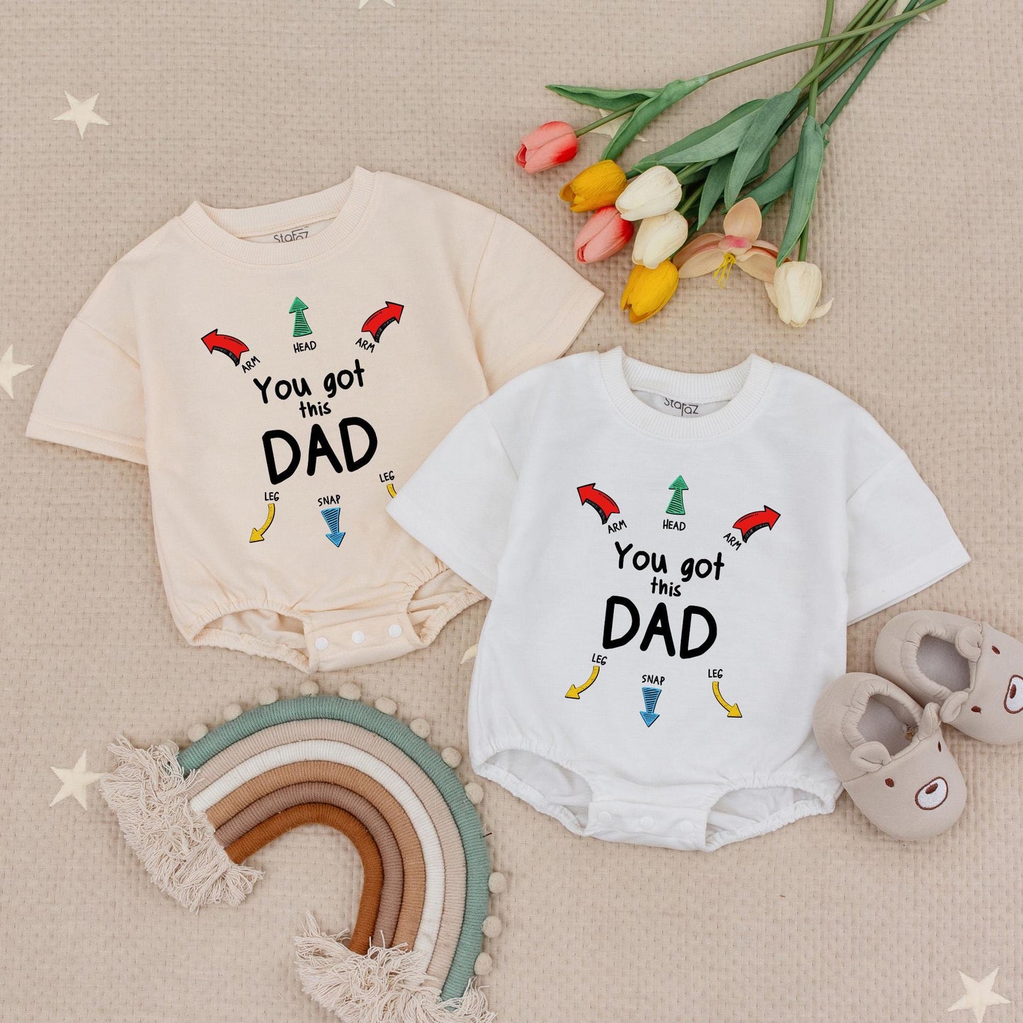 You Got This Dad Romper: Funny Baby Bodysuit with Dad Instructions, Cute First Father's Day Gift, Newborn Clothes for Daddy, Colorful Arrow Design 135
