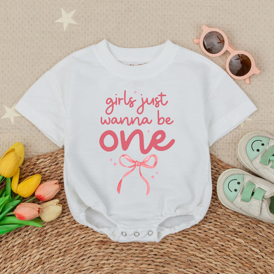 Pink Bow Girls Just Wanna Be One First Birthday Bubble Romper Outfit for Baby Girl 1st Party Celebration Soft Comfortable Cotton Apparel