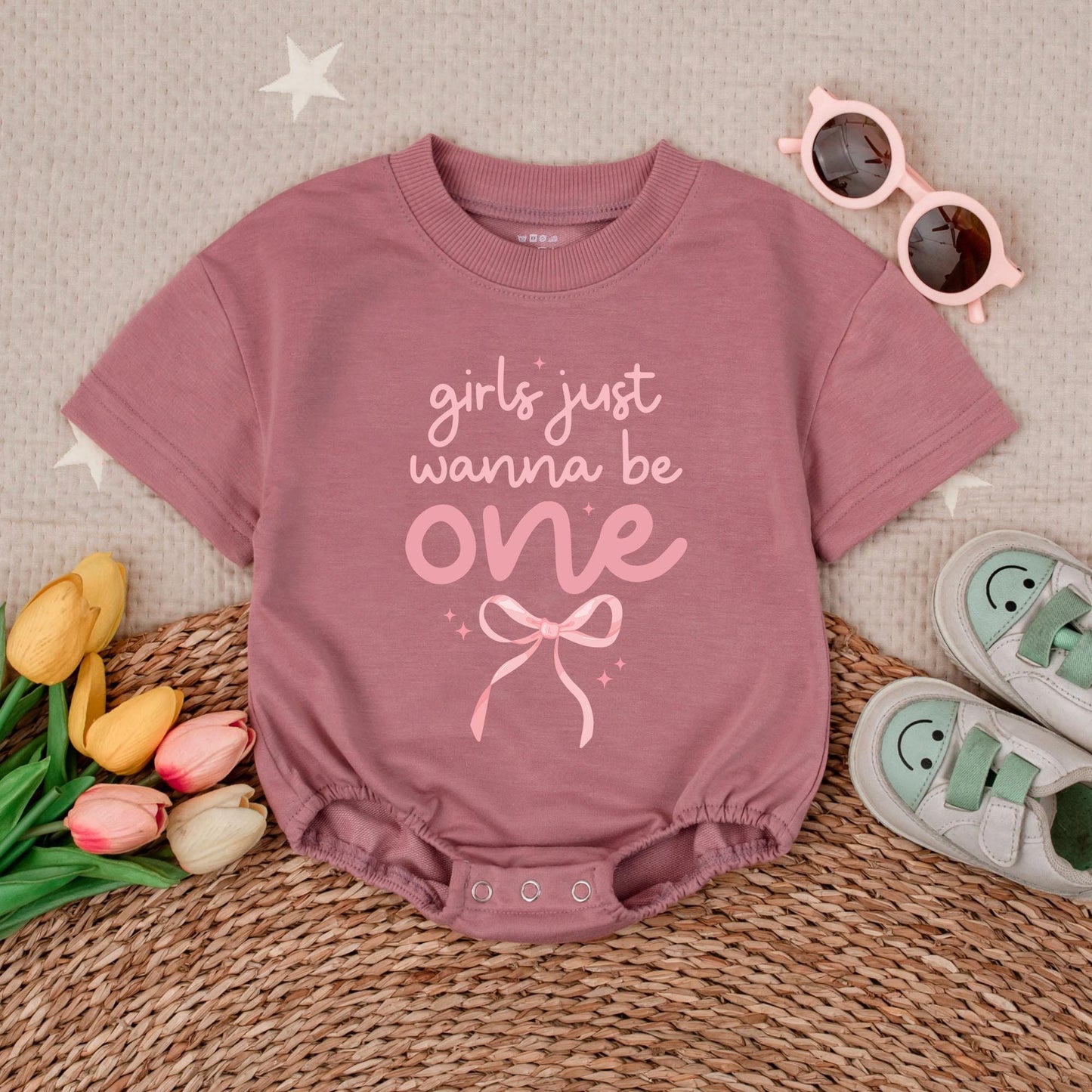 Pink Bow Girls Just Wanna Be One First Birthday Bubble Romper Outfit for Baby Girl 1st Party Celebration Soft Comfortable Cotton Apparel