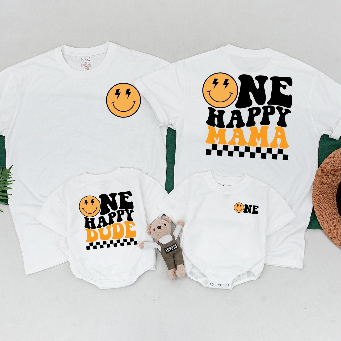 Matching One Happy Dude 1st Birthday Shirt Family Outfit, Happy Face Baby Boy Bodysuit, Wavy Letters Party Clothes