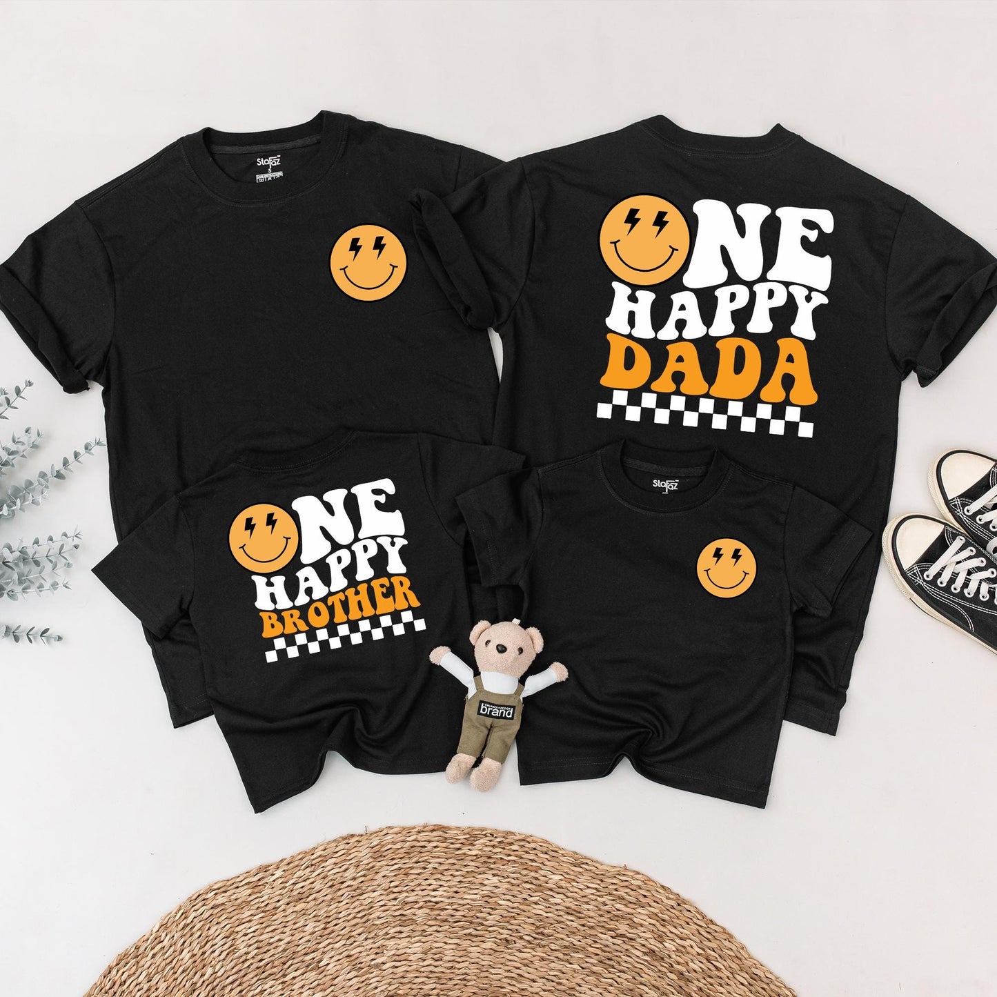 Matching One Happy Dude 1st Birthday Shirt Family Outfit, Happy Face Baby Boy Bodysuit, Wavy Letters Party Clothes