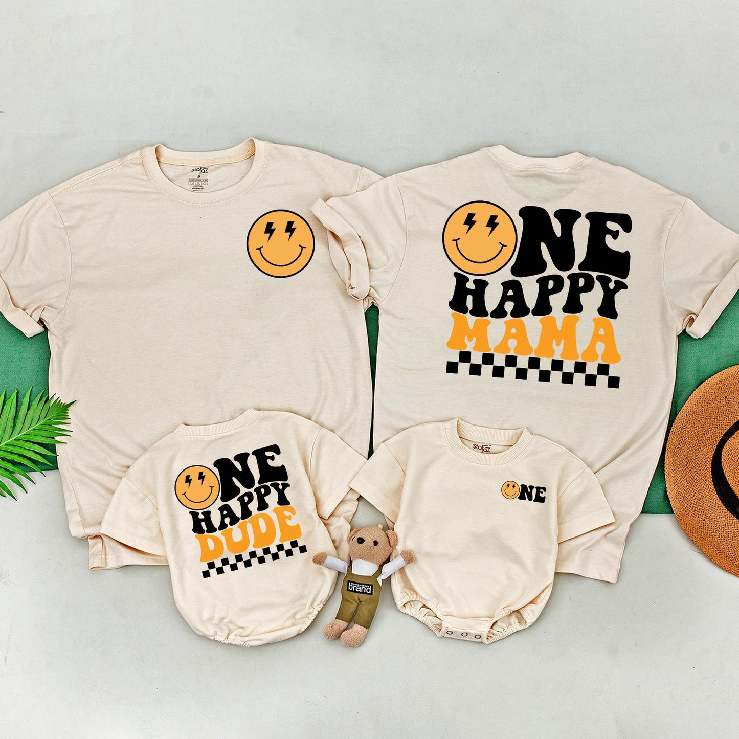 Matching One Happy Dude 1st Birthday Shirt Family Outfit, Happy Face Baby Boy Bodysuit, Wavy Letters Party Clothes