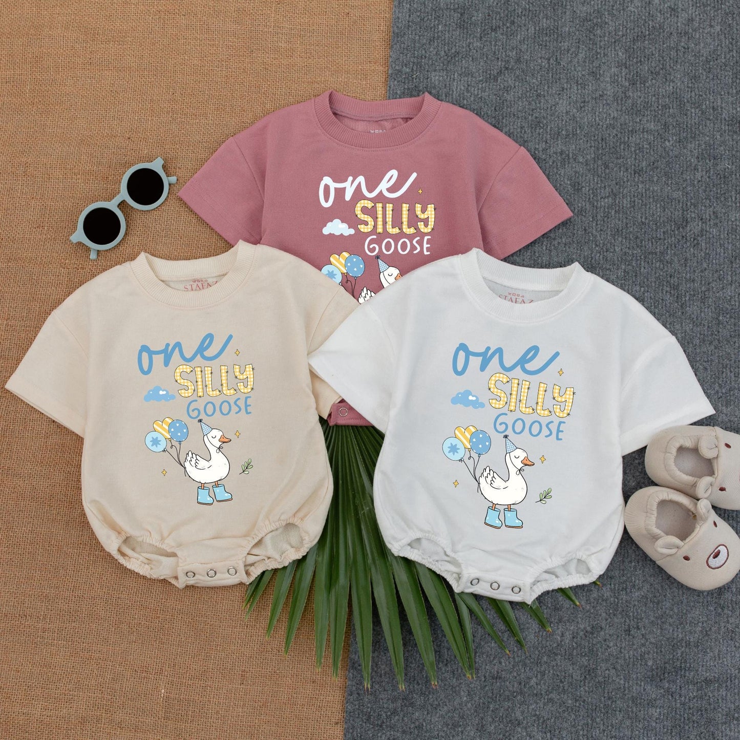 Custom "One Silly Goose" Boy Baby Bubble Romper – Personalized Baby Outfit – Funny Baby Boy Romper – Perfect for 1st Birthday or Photoshoots