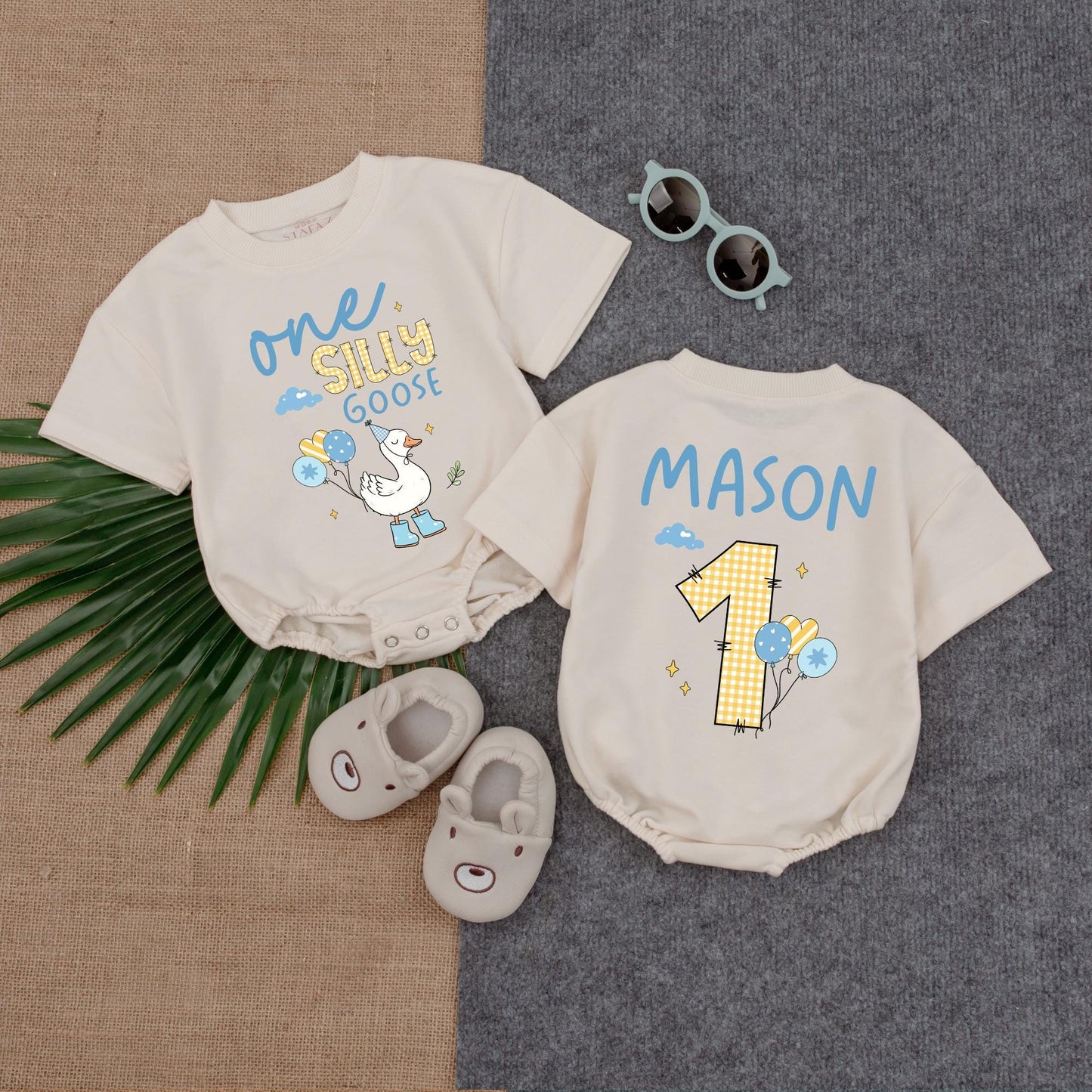 Custom "One Silly Goose" Boy Baby Bubble Romper – Personalized Baby Outfit – Funny Baby Boy Romper – Perfect for 1st Birthday or Photoshoots