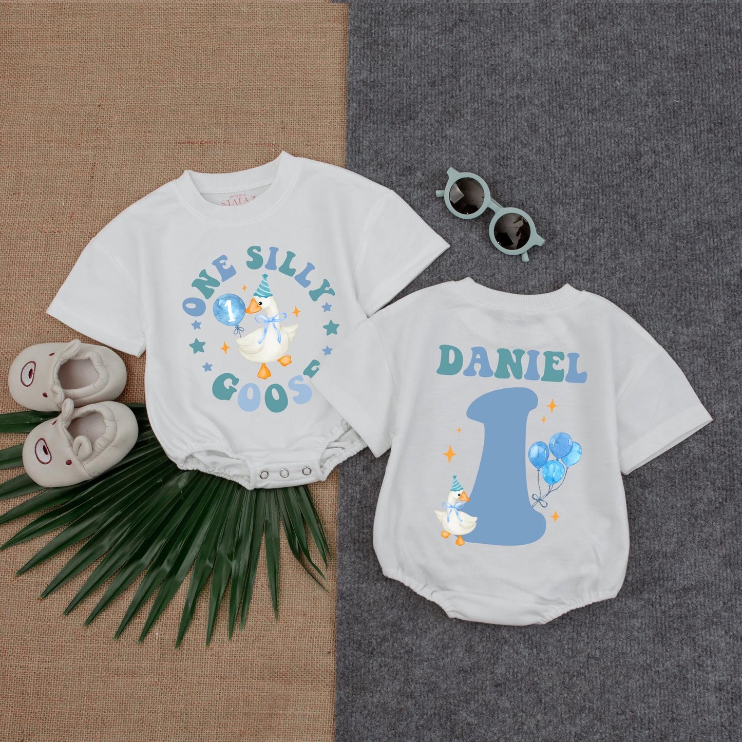 Custom One Boy Silly Goose T-shirt Baby Romper, 1st Birthday Silly Goose Bodysuit, Silly Goose Birthday Outfit, Short Sleeve Bubble Romper