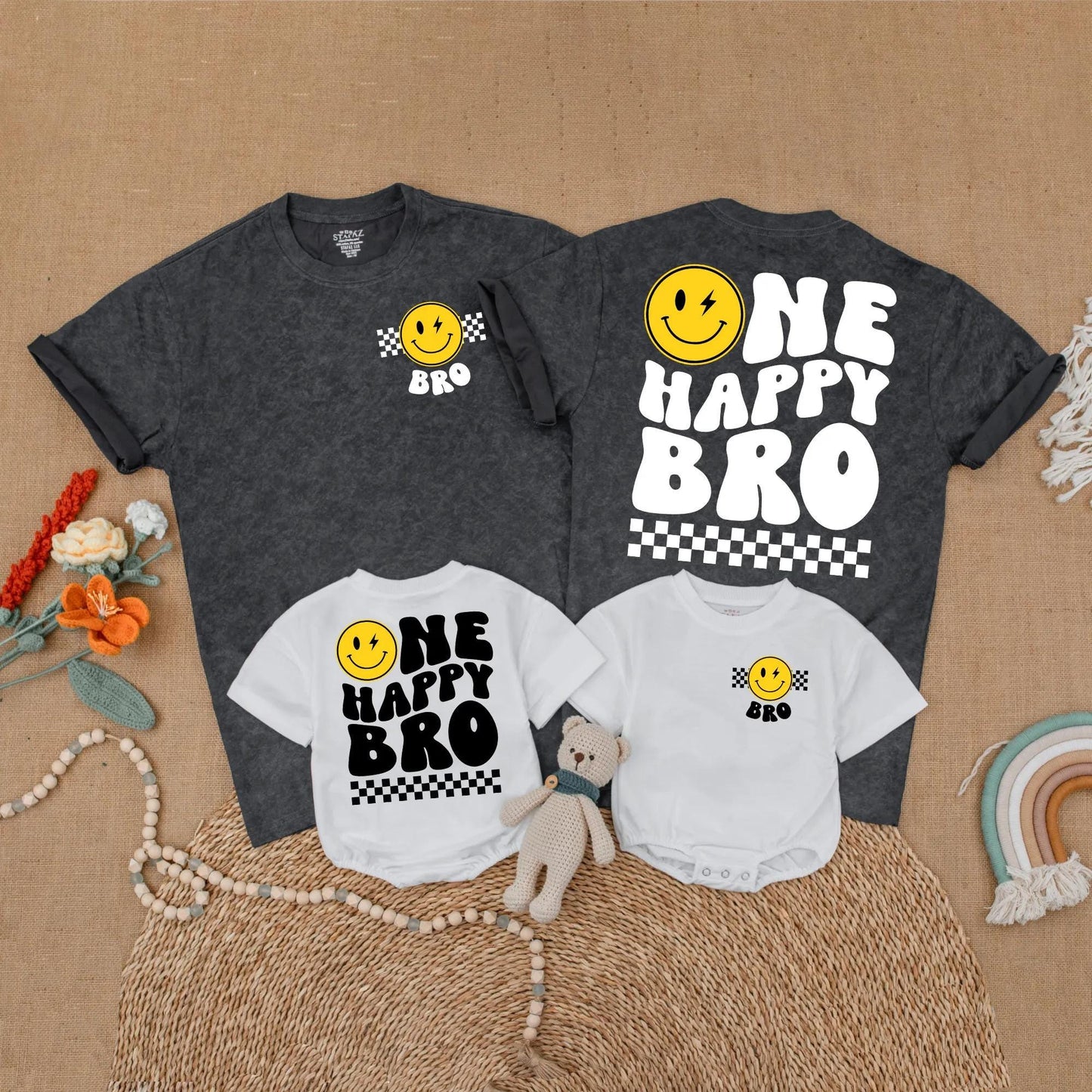 One Happy Dude First Birthday Matching Family Shirts with Happy Smiley Face Design for Baby Boy 1st Birthday Party Celebration Outfit