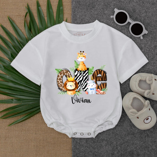 Wild One Safari Birthday T-Shirt Romper Personalized Name Jungle Animals Giraffe Zebra Leopard Boy Girl First Birthday Gift