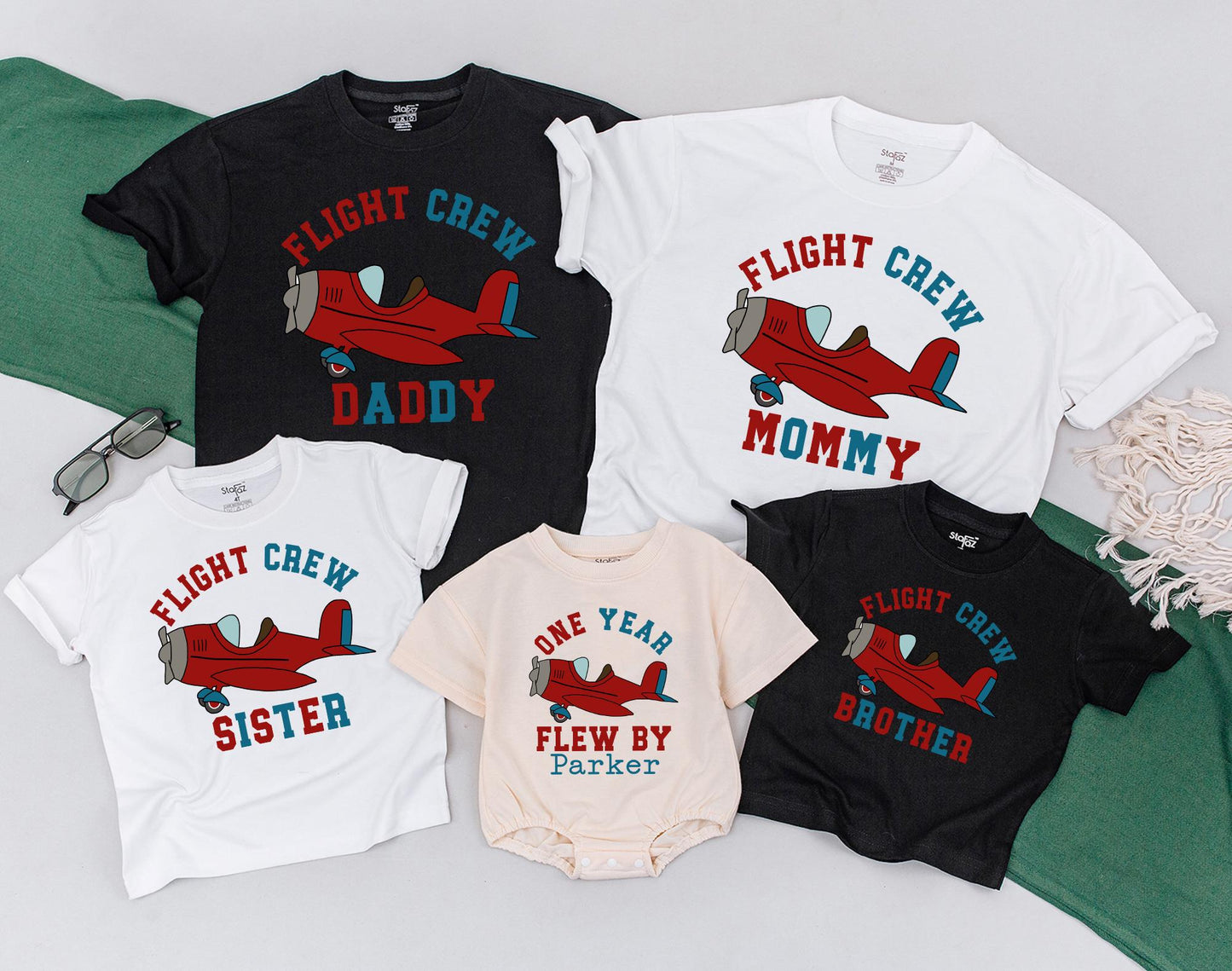 First Birthday Flight Crew Family Shirts: Custom Names Airplane Party Outfit, Birthday Boy's One Year Flew By, Dad Mom Brother Sister