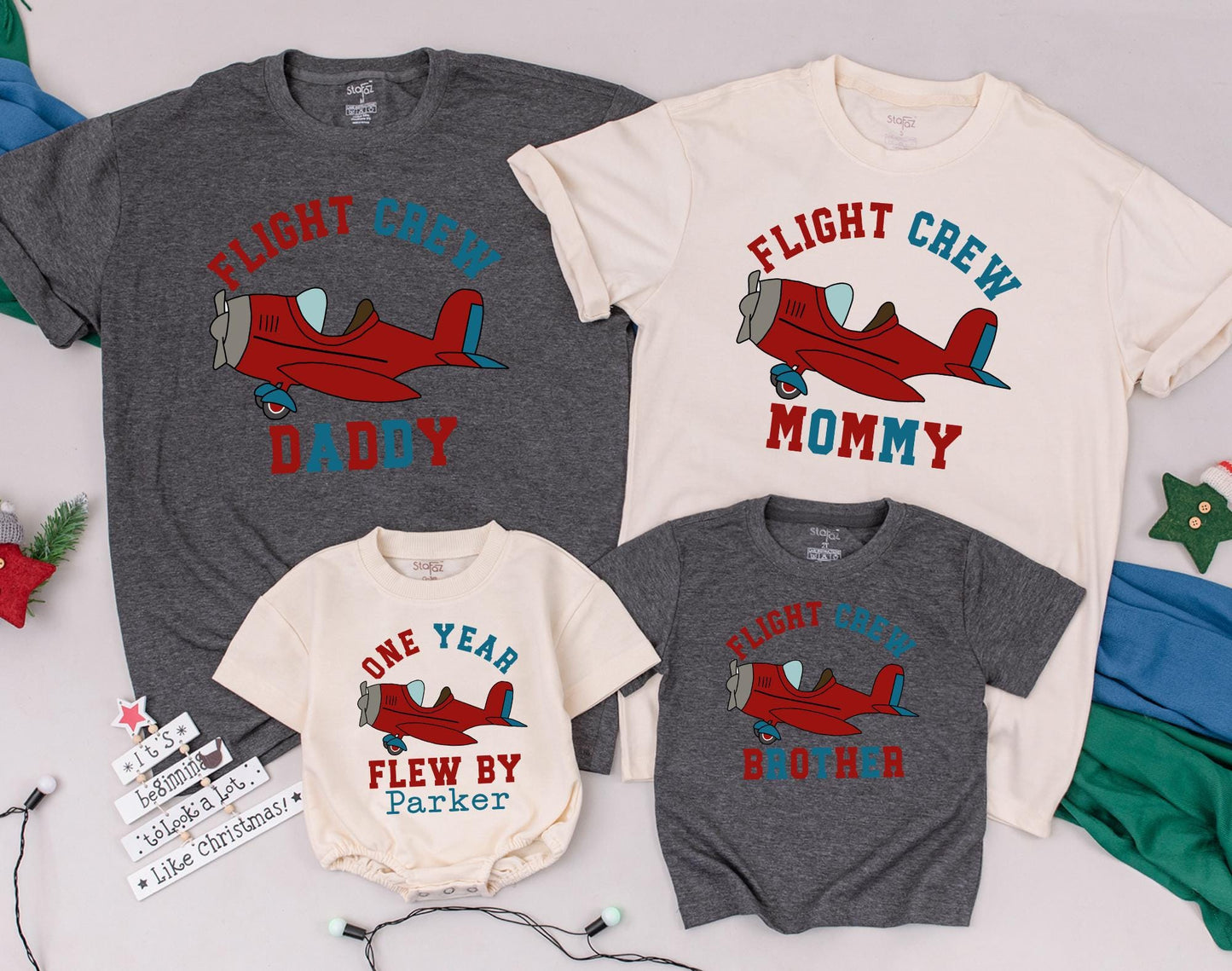First Birthday Flight Crew Family Shirts: Custom Names Airplane Party Outfit, Birthday Boy's One Year Flew By, Dad Mom Brother Sister