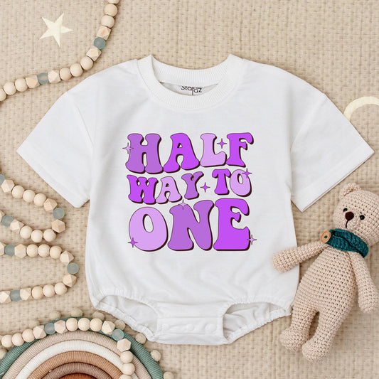 Half Way to One Groovy Birthday Romper Purple Bubble Letters Stars Baby Shower Gift First Birthday Outfit
