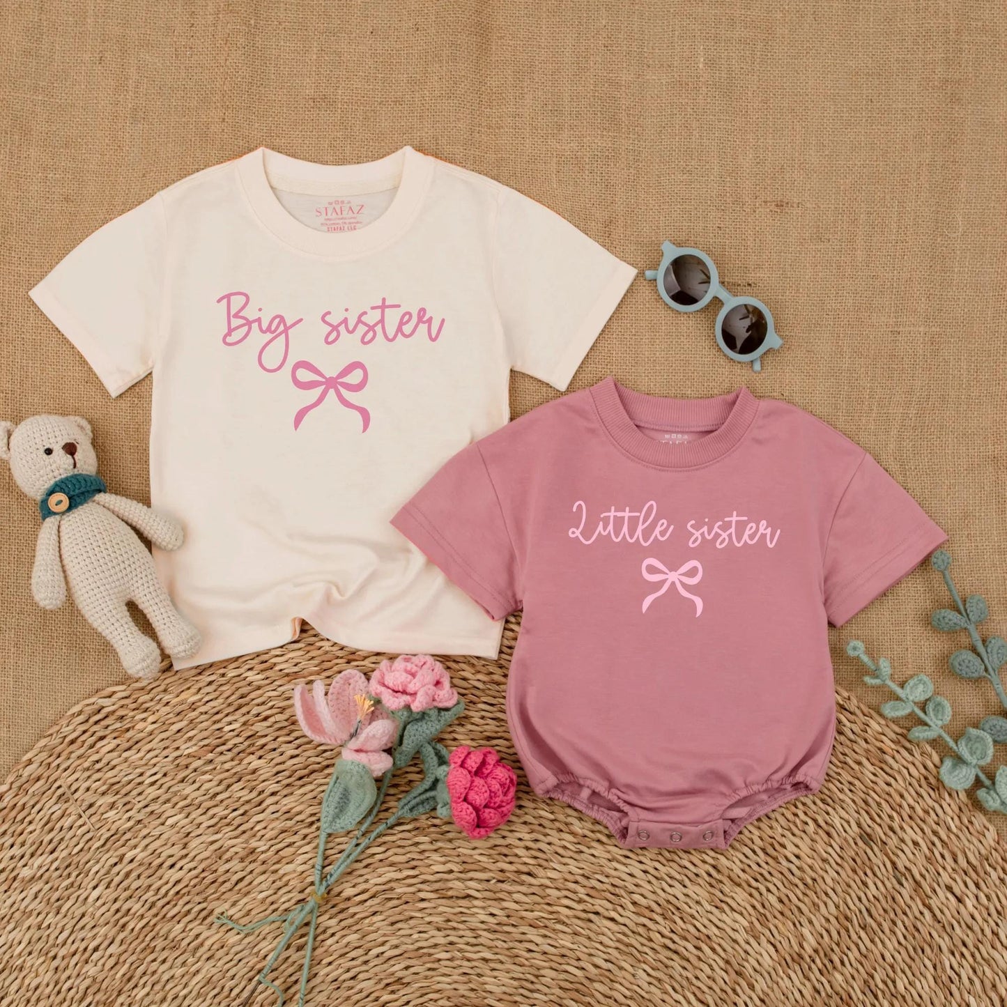 Pink Bow Big Sister Little Sister Matching Outfits Baby Girl Bubble Romper Toddler Tee Sibling Sister Set