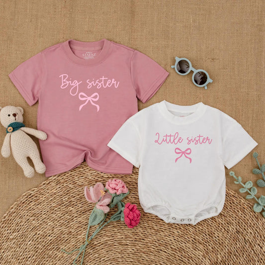 Pink Bow Big Sister Little Sister Matching Outfits Baby Girl Bubble Romper Toddler Tee Sibling Sister Set