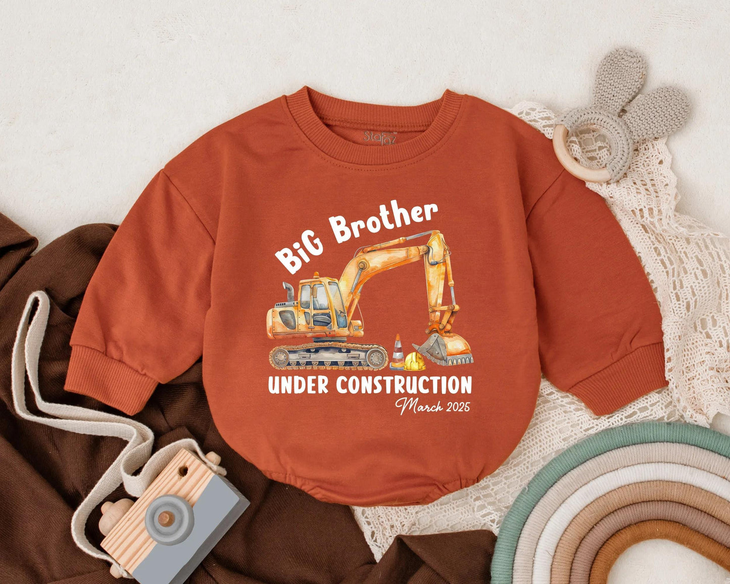 Big Brother Under Construction Baby Romper Personalized Pregnancy Announcement Outfit Due Date Construction Theme Gift