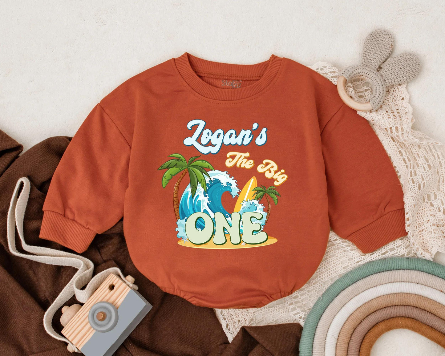 The Big One Bubble Romper Custom Surf Birthday Shirt Beach Theme Party Outfit Personalized Boy First Birthday Gift