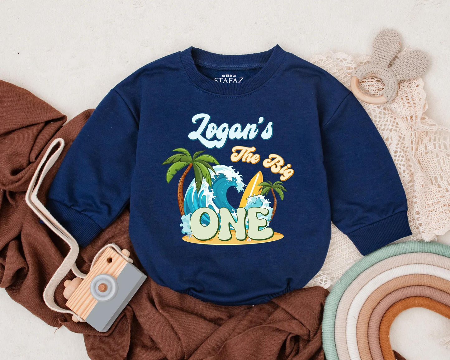 The Big One Bubble Romper Custom Surf Birthday Shirt Beach Theme Party Outfit Personalized Boy First Birthday Gift
