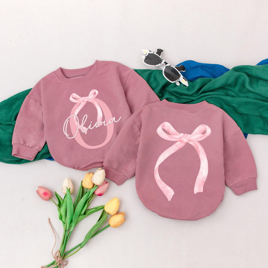 Personalized Name Baby Girl Pink Bow Birthday Bubble Romper Bodysuit Outfit Newborn First Celebration Gift Adorable Shower Apparel