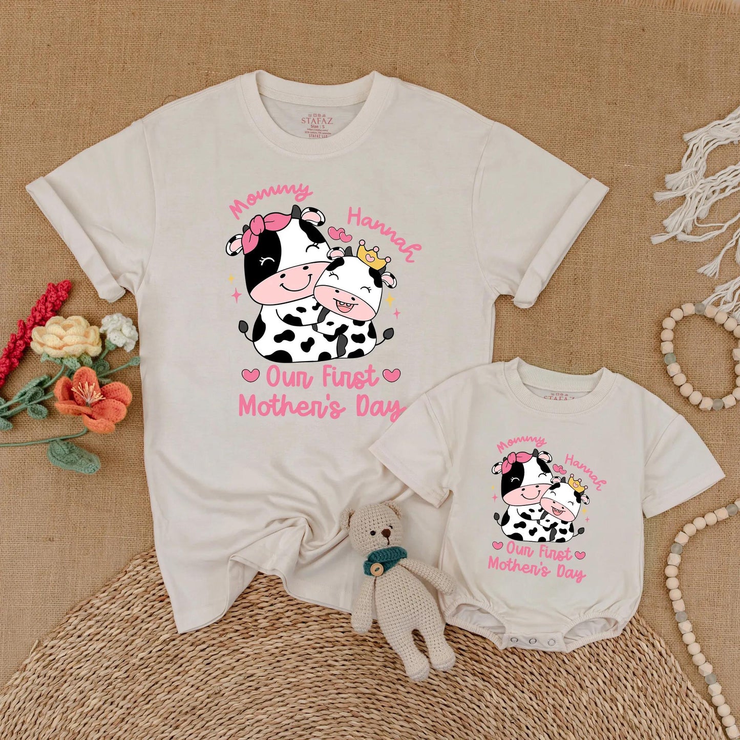Personalized Pink Cow Mommy and Me Matching Shirts Our First Mother's Day Together Outfit Adorable Farm Animal Mama Baby Gift