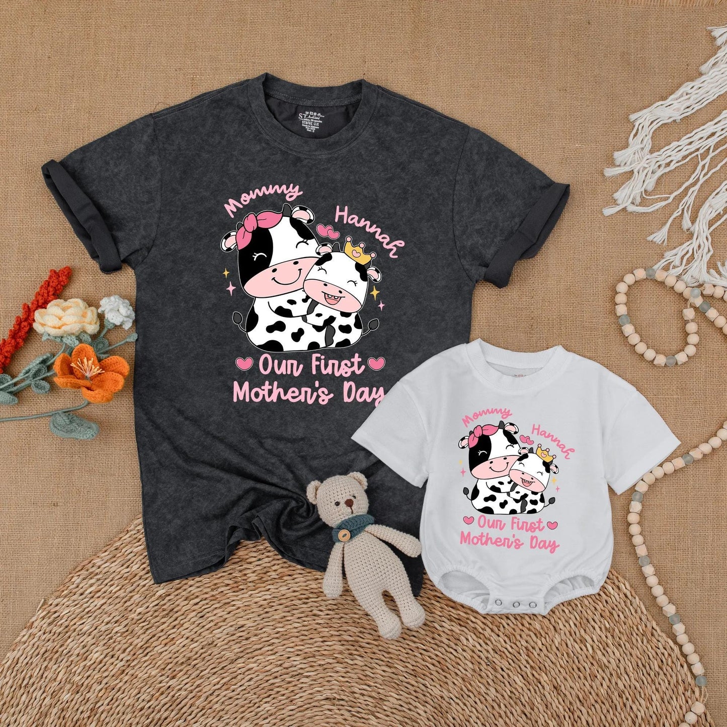 Personalized Pink Cow Mommy and Me Matching Shirts Our First Mother's Day Together Outfit Adorable Farm Animal Mama Baby Gift