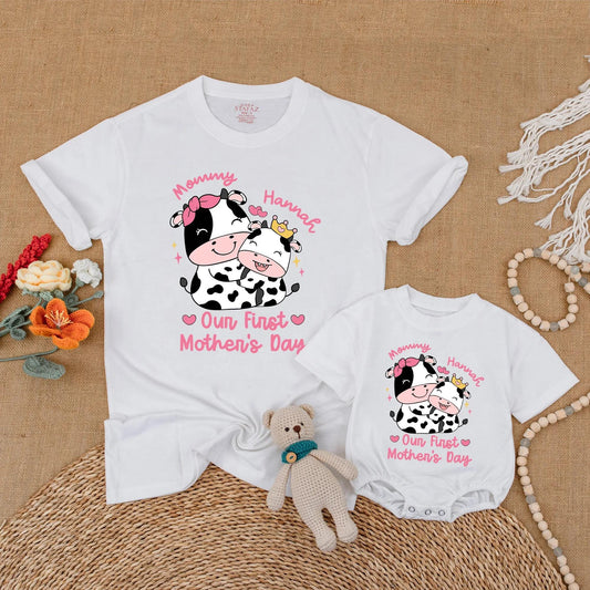 Personalized Pink Cow Mommy and Me Matching Shirts Our First Mother's Day Together Outfit Adorable Farm Animal Mama Baby Gift