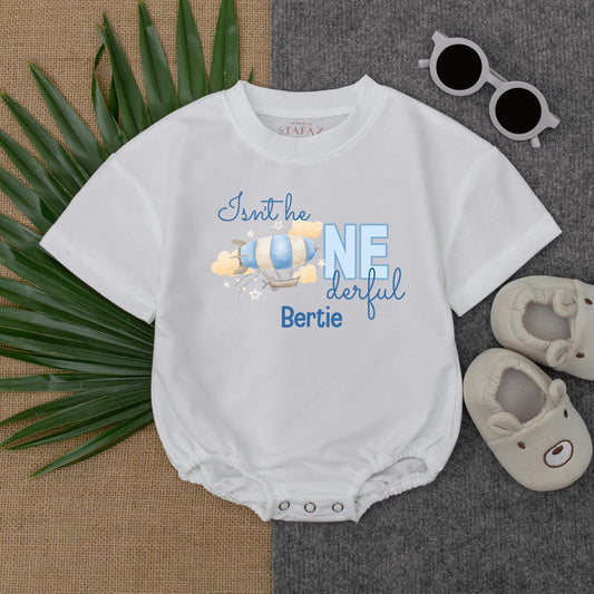 Isn’t He ONEderful Bubble Romper Cute 1st Birthday Baby Boy Outfit Milestone Photo Prop Perfect First Birthday Smash Cake Outfit Gift