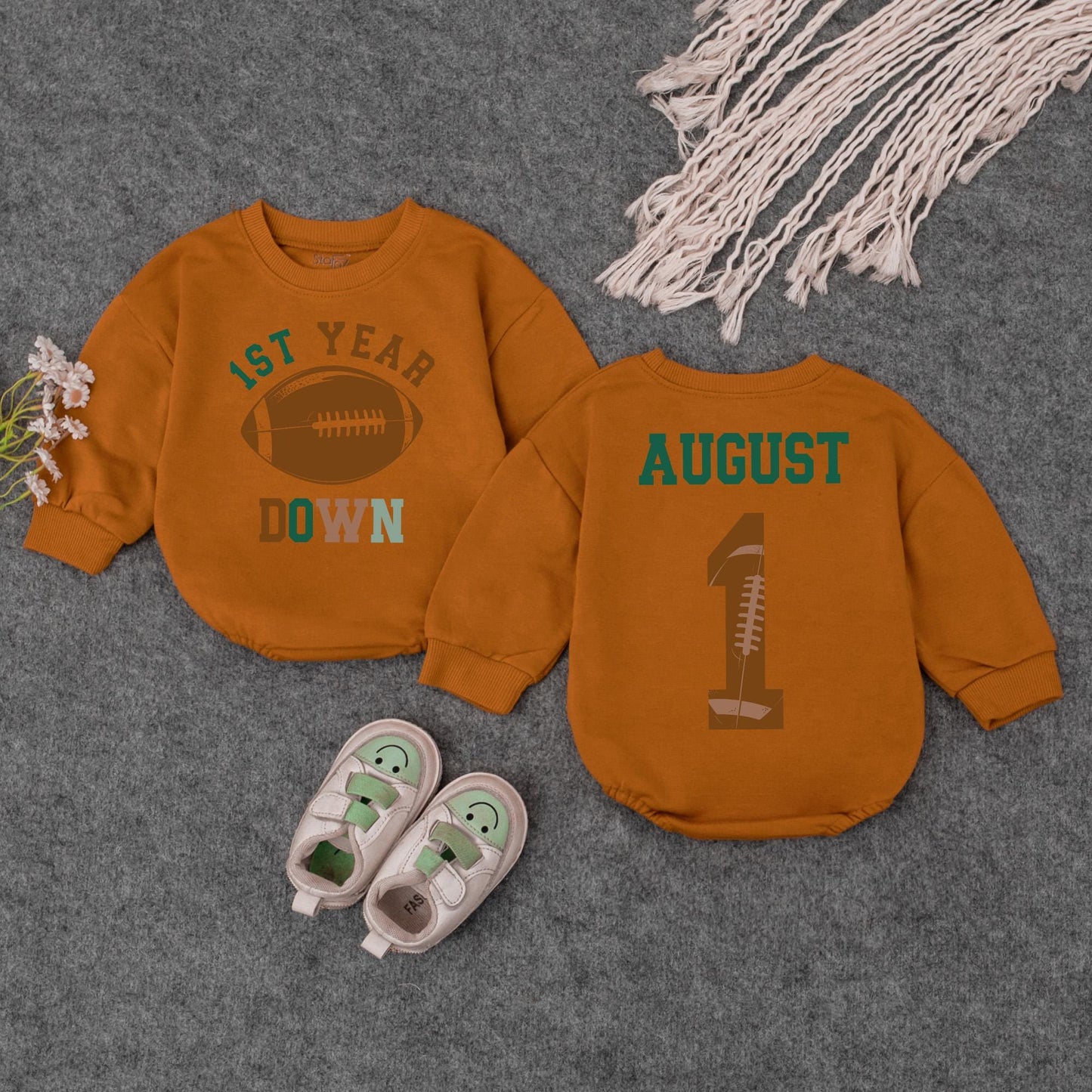 1st Year Down Football Baby Romper Green Brown August 1st Birthday Outfit Game Day Bodysuit Baby Shower Gift