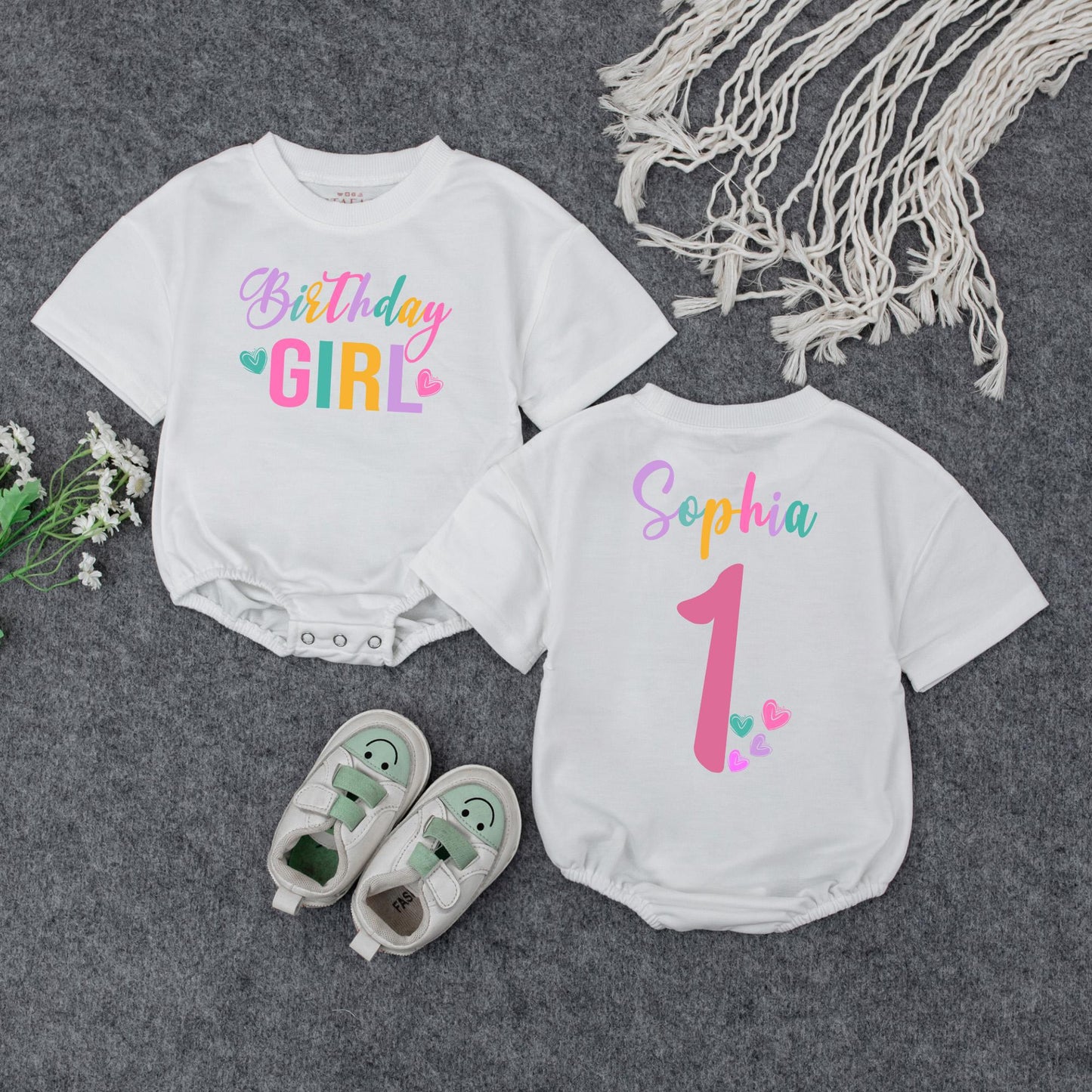 Personalized Birthday Girl Romper Set Sophia One Rainbow First Birthday Outfit Retro Style Baby Girl Clothes Custom Name 1st Birthday Outfit Gift Idea