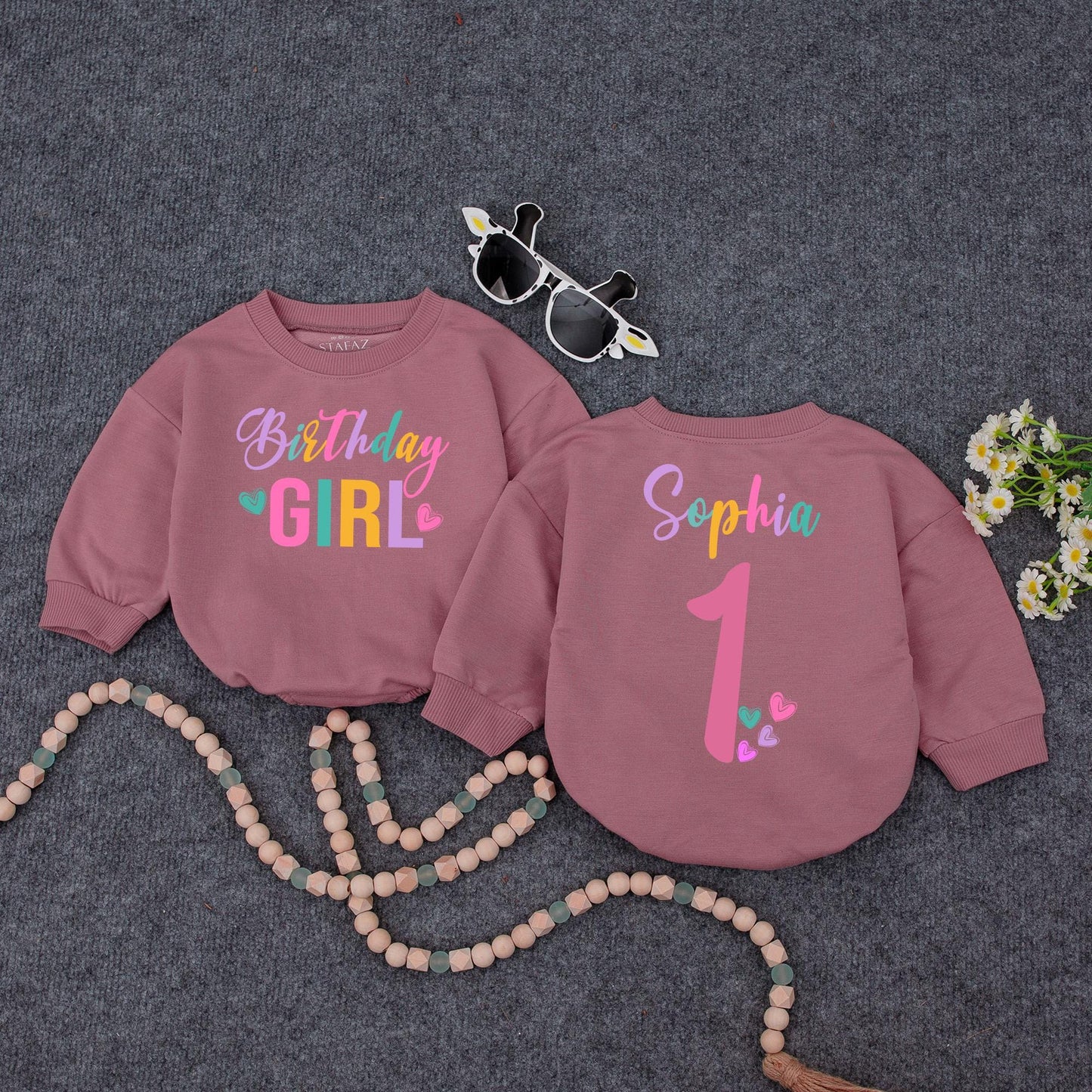 Personalized Birthday Girl Romper Set Sophia One Rainbow First Birthday Outfit Retro Style Baby Girl Clothes Custom Name 1st Birthday Outfit Gift Idea