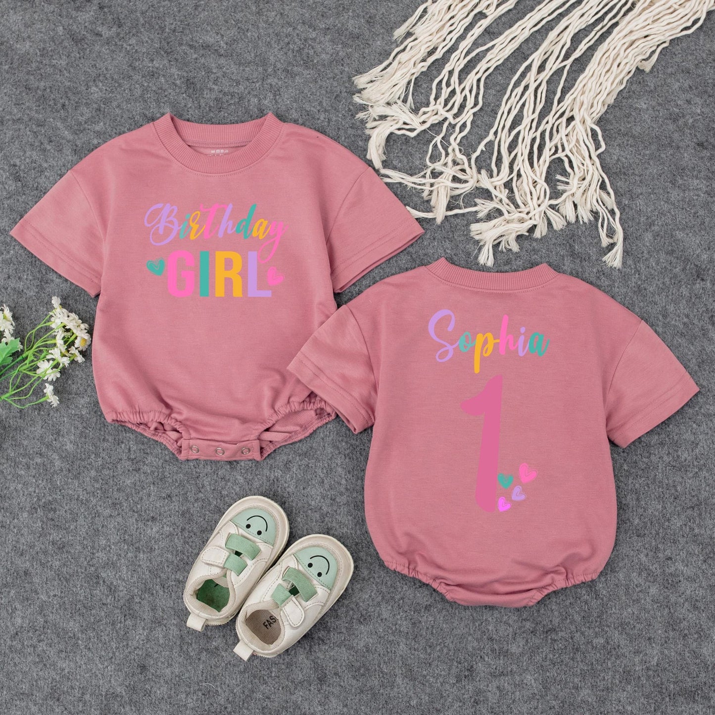 Personalized Birthday Girl Romper Set Sophia One Rainbow First Birthday Outfit Retro Style Baby Girl Clothes Custom Name 1st Birthday Outfit Gift Idea