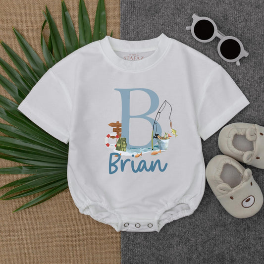 Personalized Watercolor Fishing Romper Baby Boy Outfit Little Fisherman Summer Bubble Romper Custom Name Toddler Gift