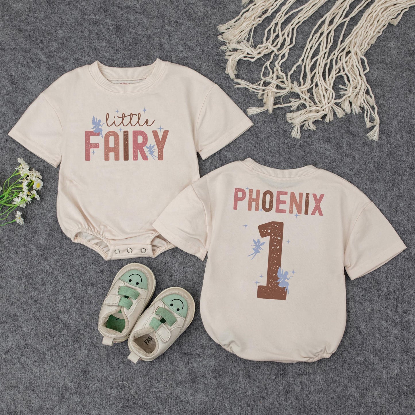 Retro Fairy Birthday Romper for Baby Girl Little Fairy Vintage Design Soft Pink Brown Blue Personalized First Birthday Outfit