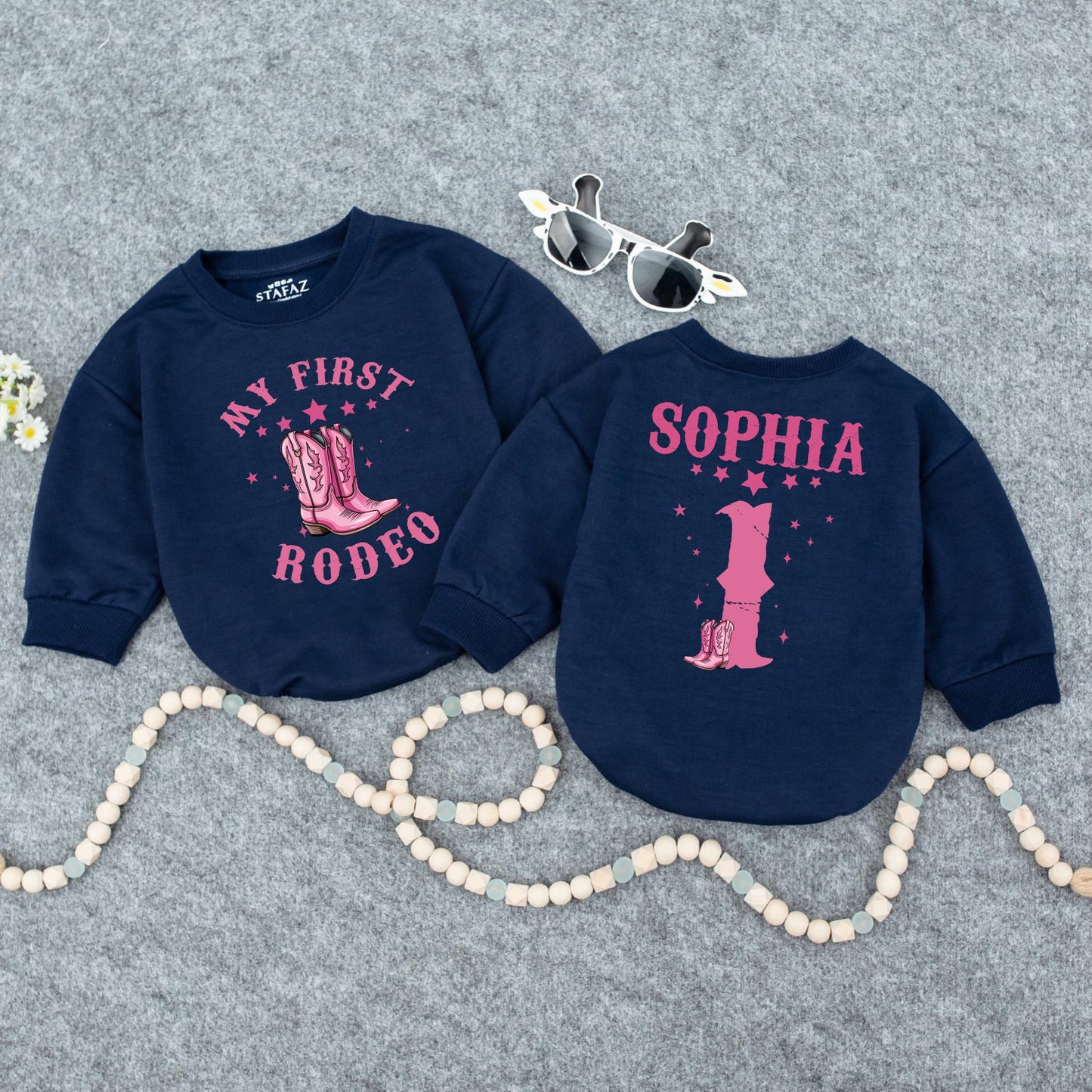 Custom First Rodeo Cowgirl Bubble Romper Pink Stars Cowboy Boots Birthday Outfit Baby Girl Clothes Retro Western