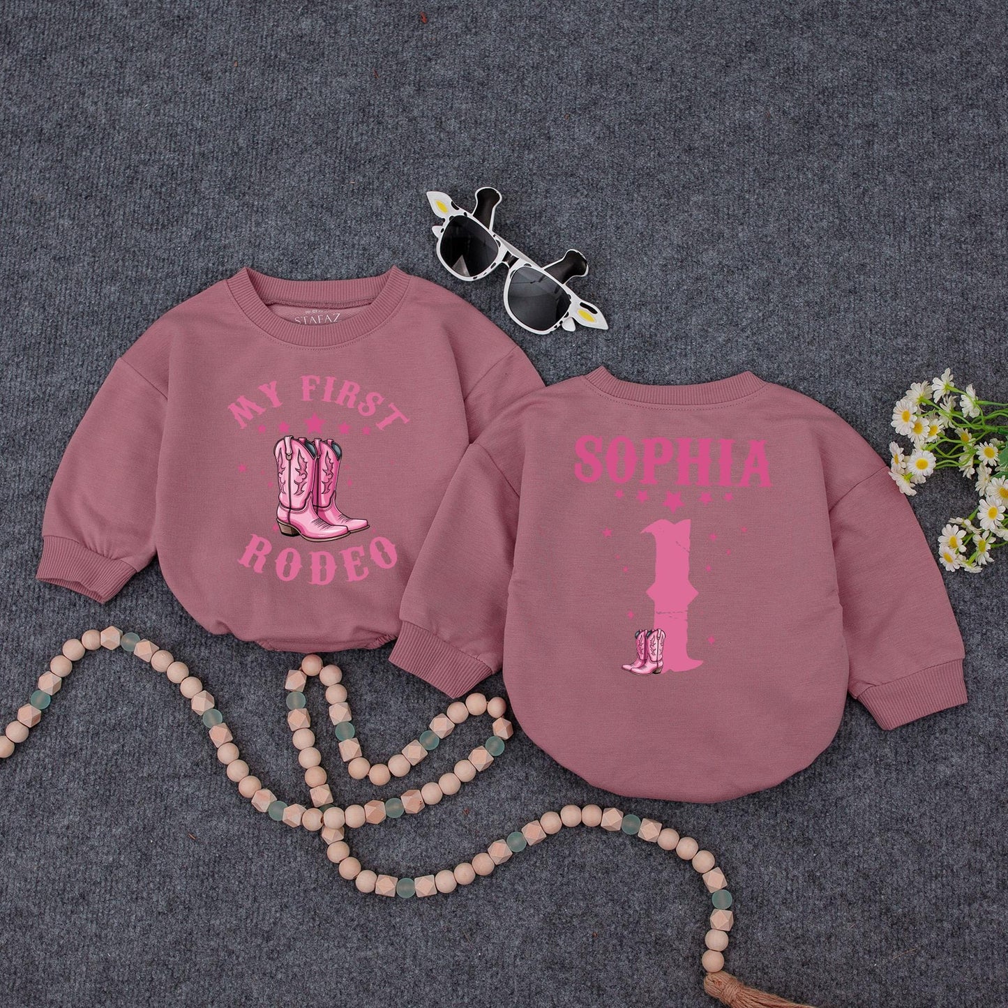 Custom First Rodeo Cowgirl Bubble Romper Pink Stars Cowboy Boots Birthday Outfit Baby Girl Clothes Retro Western