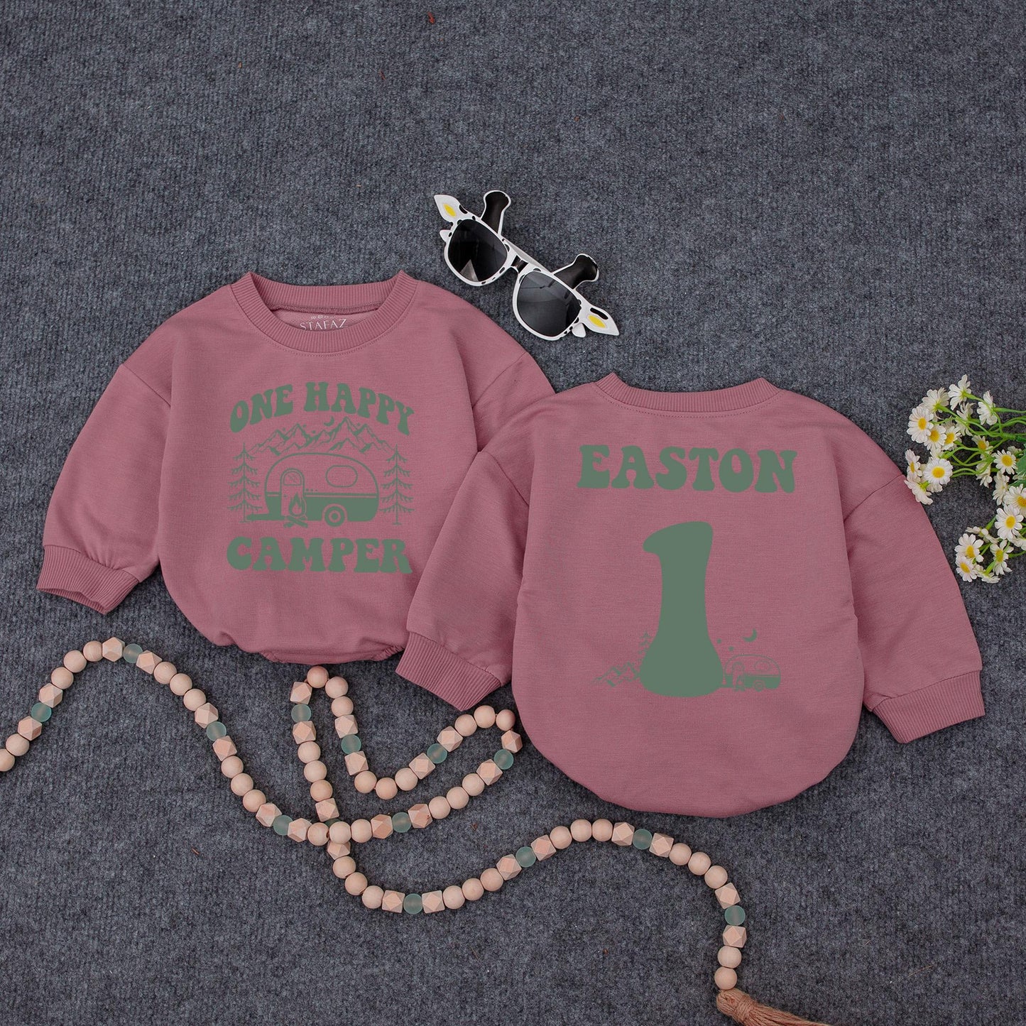 Personalized One Happy Camper Baby Romper Retro Rainbow First Birthday Outfit Adventure Baby Shower Gift Camping Theme