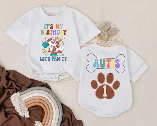 Puppy Birthday Baby Romper It's My Birthday Let's Paw-ty Outfit Personalized Name Custom Dog Party Baby Clothes