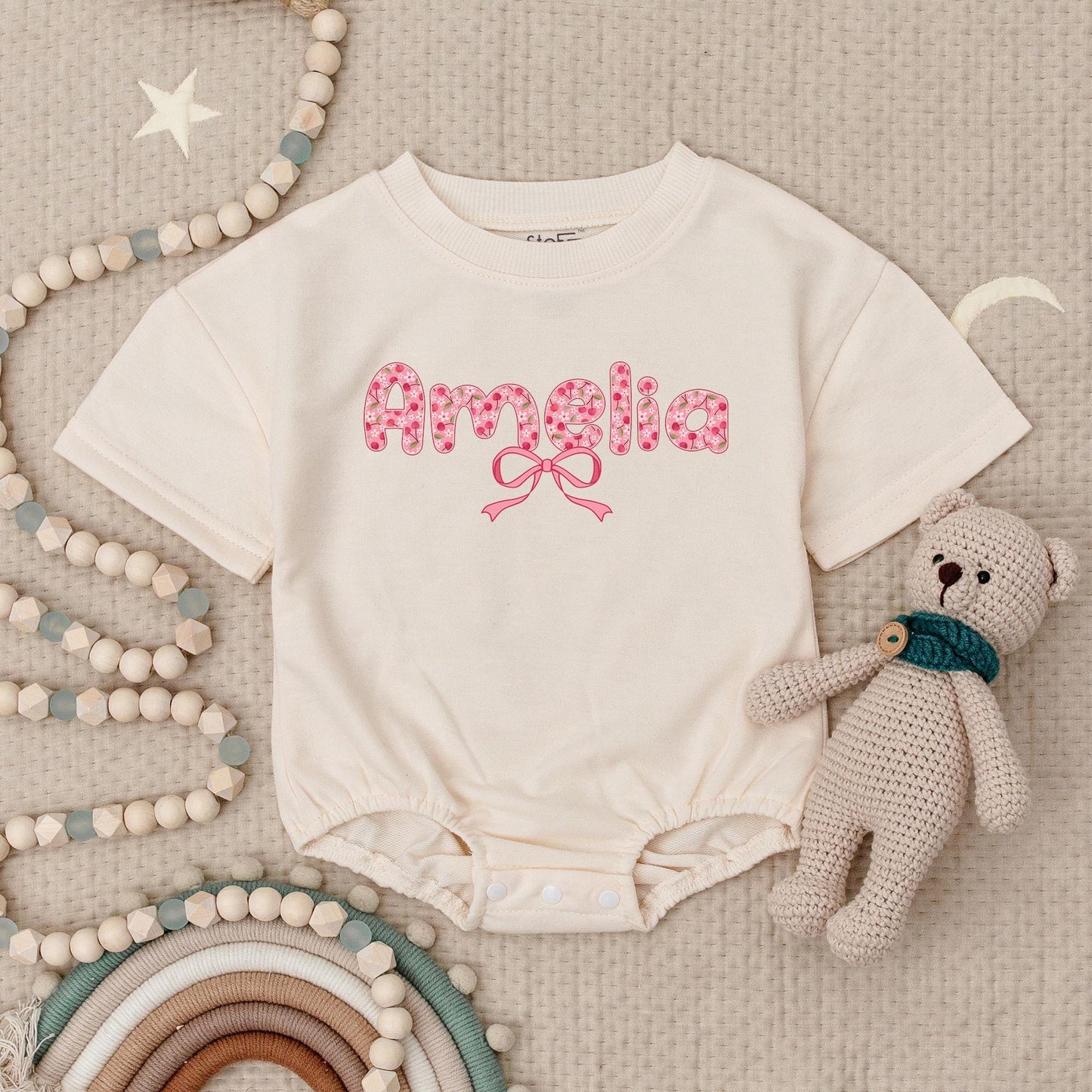 Amelia's Cherries & Bows Baby Romper, Personalized Pink Floral Girl Outfit, Cute First Birthday Bodysuit, Short Sleeve Summer Clothing 138 Chars