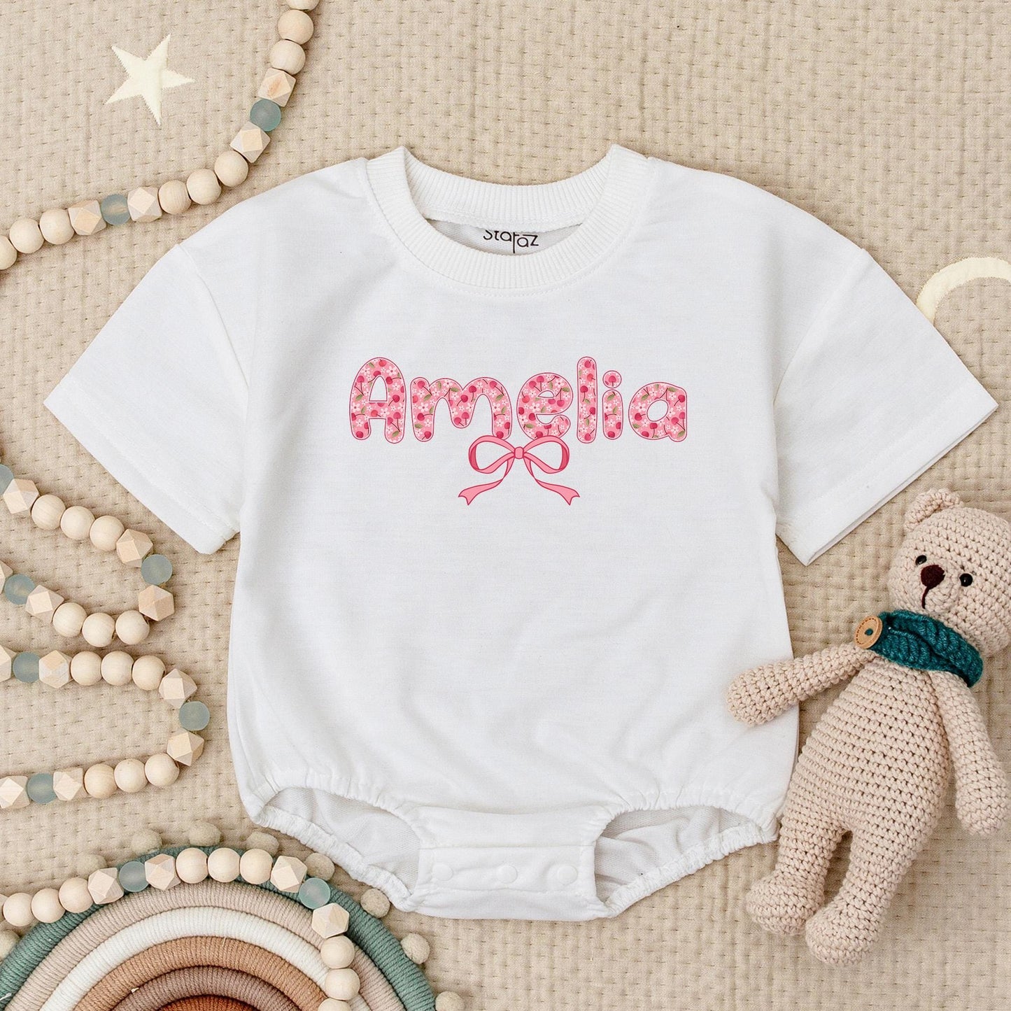 Amelia's Cherries & Bows Baby Romper, Personalized Pink Floral Girl Outfit, Cute First Birthday Bodysuit, Short Sleeve Summer Clothing 138 Chars