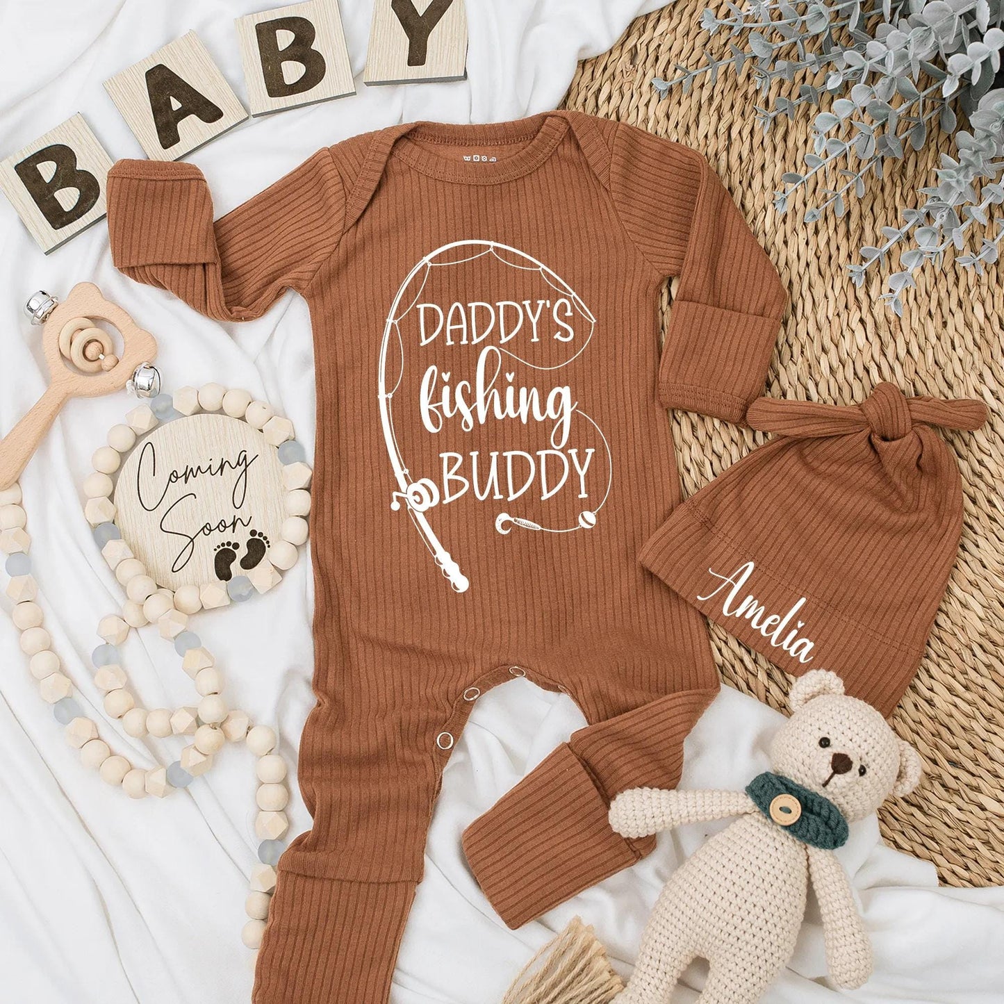 Daddy's Fishing Buddy Bodysuit Ribbed Newborn Outfit Cute Angler Romper New Fisherman Dad Gift Baby Boy Girl Clothes Soft Cotton Outdoor Adventure 136